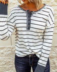Stripe Waffle Knit Buttoned Henley Top