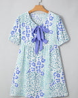 Leopard Contrast Bow Puff Sleeve Dress