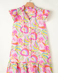 Abstract Floral Ruffle Buttoned Dress