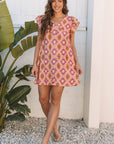 Alexandria Floral V Neck Buttoned Ruffled Sleeve Mini Dress
