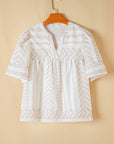 Analia Jacquard Split V Neck Short Sleeve Blouse