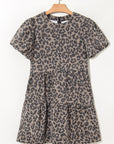 Zaylee Denim Leopard Short Puff Sleeve Mini Dress