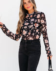 Floral Mesh Mock Neck Long Sleeve Top