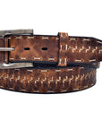 3D Western Mens Belt Leather Stitching Distressed Silver Buckle Brown