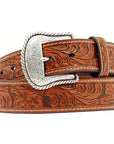 Nocona Western Mens Belt Leather Tooled Floral Contrast Stitching Tan