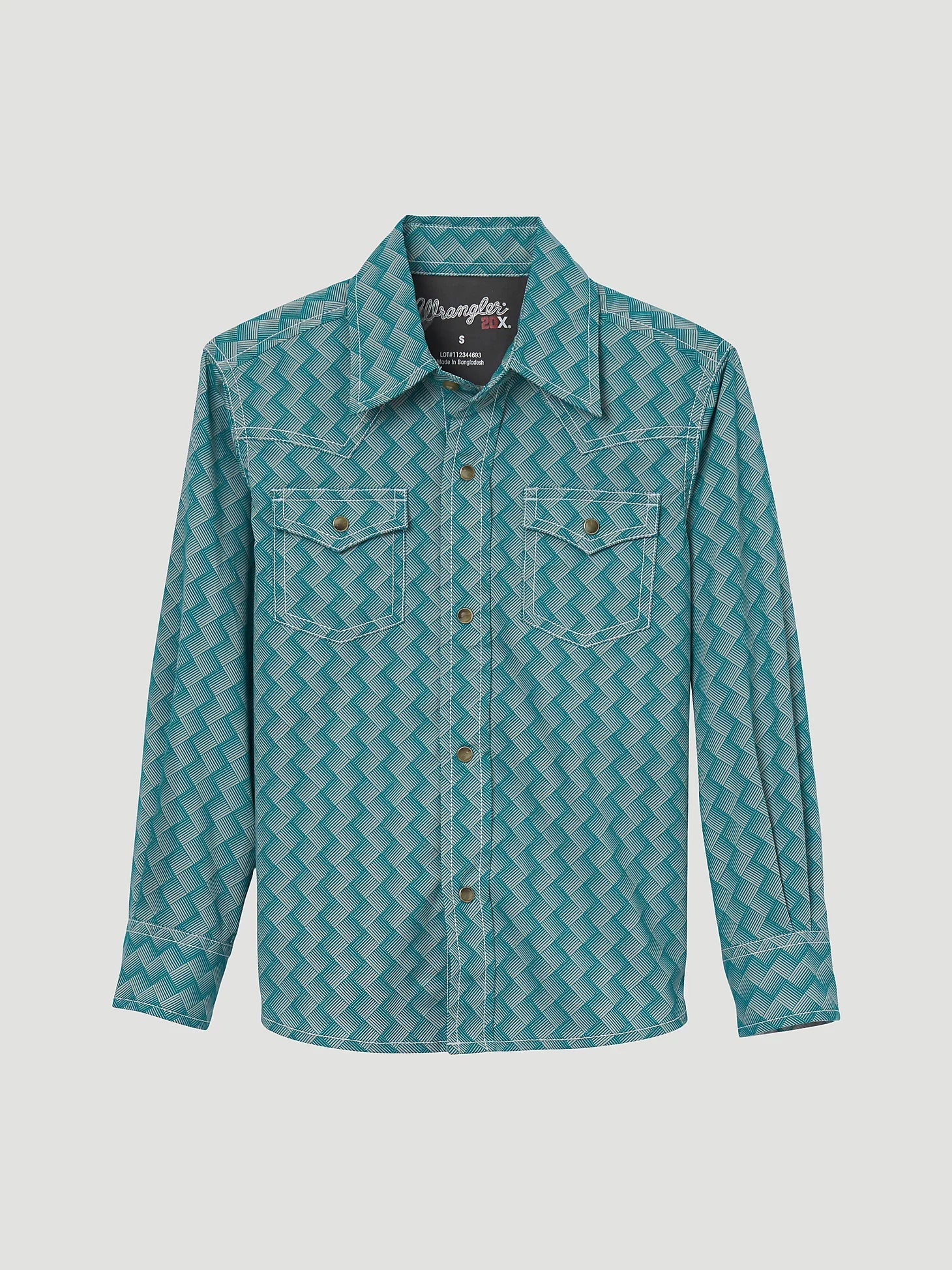 Boy's Wrangler® 20X® Western Snap Print Shirt- Green Hatches