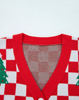 Checker Christmas Tree Buttoned V-Neck Cardigan Sweater