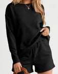 Adalyn Textured Long Sleeve Top and Drawstring Shorts Set