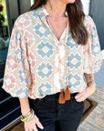 Geometric Tassel Tie V-Neck Blouse
