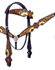 HILASON Western Horse Headstall Breast Collar Set American Leather Tan Dark Brown Sunflower