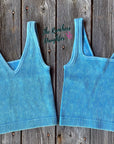 Sky Blue Ribbed Crop Tank with Reversible Neckline