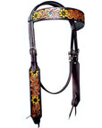 Bar H Equine Sunflower Floral Hand Carved Horse Leather One Ear Headstall Brown