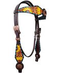 Bar H Equine Horse Leather Pinwheel Sunflower Floral One Ear Headstall Dark Brown