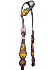 Bar H Equine Horse Leather Pinwheel Sunflower Floral One Ear Headstall Dark Brown
