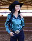 TEJAS TEAL SATIN PERFORMANCE RODEO SHIRT
