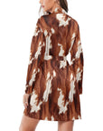 Brown Cow Print Women's Long Sleeve Belted Satin Feel Dressing Lounge Robe