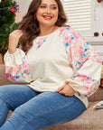 Plus Size Floral Patchwork Sleeve Crewneck Top