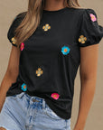 Oaklyn Embroidered Flower Short Puff Sleeve Tee