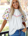 Khaleesi Embroidered Smocked Neck Puff Sleeve Top