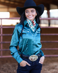 TEJAS TEAL SATIN PERFORMANCE RODEO SHIRT