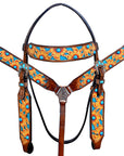 HILASON Western Horse Leather Headstall & Breast Collar Set Brown Sunflower