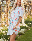 Siya Blue Stripe Floral Ruffle Short Sleeve Belted Mini Dress
