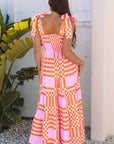 Elyse Boho Gingham Tied Straps Smocked Maxi Dress