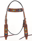 Bar H Equine Western Horse Genuine Leather Floral Design Beaded Headstall Brown