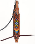 Bar H Equine Western Horse Genuine Leather Floral Design Beaded Headstall Brown
