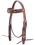 Bar H Equine Western Horse Genuine Leather Floral Design Beaded Headstall Brown