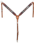 BAR H EQUINE Genuine Horse Western Hand Tooled Leather Breast Collar Beaded Inlay Brown