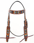 Bar H Equine Western Horse Genuine Leather Floral Design Beaded Headstall Brown