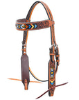 Bar H Equine Western Horse Genuine Leather Floral Design Beaded Headstall Brown