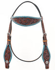 Bar H Equine Western Horse Genuine Leather Floral Design Buckstitch Headstall Brown