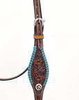 Bar H Equine Western Horse Genuine Leather Floral Design Buckstitch Headstall Brown