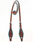 Bar H Equine Western Horse Genuine Leather Floral Design Buckstitch One Ear Headstall Brown