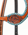 Bar H Equine Western Horse Genuine Leather Floral Design Buckstitch One Ear Headstall Brown