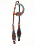 Bar H Equine Western Horse Genuine Leather Floral Design Buckstitch One Ear Headstall Brown