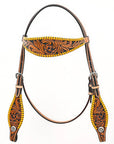 Bar H EquineWestern Horse Genuine Leather Floral Design BuckStitch Headstall Tan