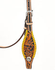 Bar H EquineWestern Horse Genuine Leather Floral Design BuckStitch Headstall Tan