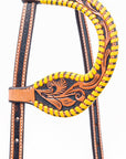 Bar H Equine Western Horse Genuine Leather Floral Design Buckstitch One Ear Headstall Tan