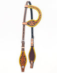 Bar H Equine Western Horse Genuine Leather Floral Design Buckstitch One Ear Headstall Tan