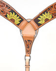 BAR H EQUINE Genuine Horse Hand Tooled Painted Sunflower Leather Breast Collar Tan