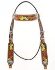 Bar H Equine Western Horse Genuine Leather Floral Design Headstall Tan