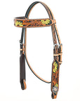 Bar H Equine Western Horse Genuine Leather Floral Design Headstall Tan