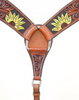 BAR H EQUINE Genuine Horse Hand Tooled Painted Sunflower Leather Breast Collar Brown