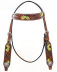 Bar H Equine Western Horse Genuine Leather Floral Design Headstall Tan