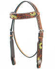 Bar H Equine Western Horse Genuine Leather Floral Design Headstall Tan