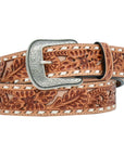 42 in 3D Mens Floral Embossed Buckstitch Western Belt Natural