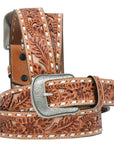 42 in 3D Mens Floral Embossed Buckstitch Western Belt Natural